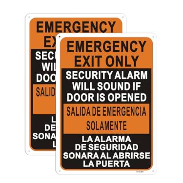 Imagem de Pacote com 2, apenas saída de emergência, alarme de segurança soará se a porta estiver aberta, sinais bilíngues de alarme de segurança de metal de 35,5 x 25,4 cm, refletivo, ferrugem, alumínio,
