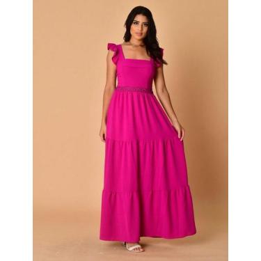 Imagem de Vestido longo luxo duna lisa com babada na manga renda na cintura 1943