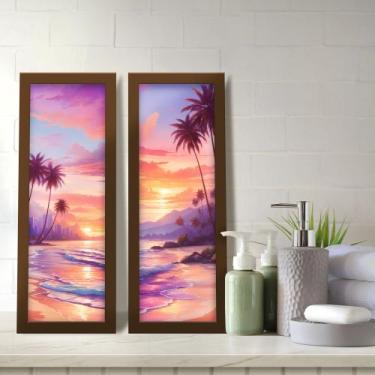 Imagem de Kit 2 Quadros Decorativos Lavabo Pôr do Sol Praia Litoral Palmeira Hor