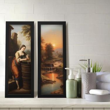 Imagem de Kit 2 Quadros Decorativos Lavabo Pintura Barroco Pôr do Sol Paisagem R