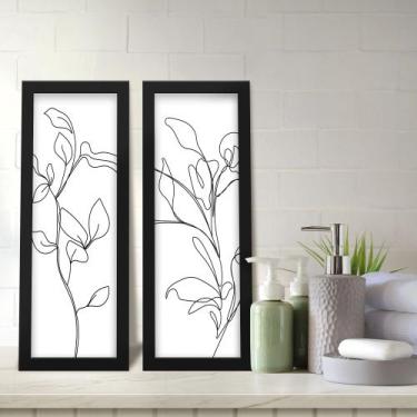 Imagem de Kit 2 Quadros Decorativos Lavabo Floral Lineart Linhas Preto e Branco 