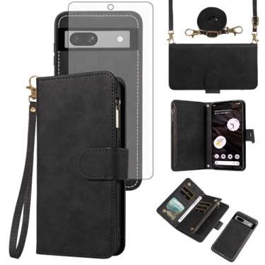 Imagem de Asuwish Capa de celular para Google Pixel 7A 5G 2023 com zíper carteira destacável com protetor de tela de vidro temperado alça transversal alça flip porta-cartões Pixel7A A7 mulheres homens meninas