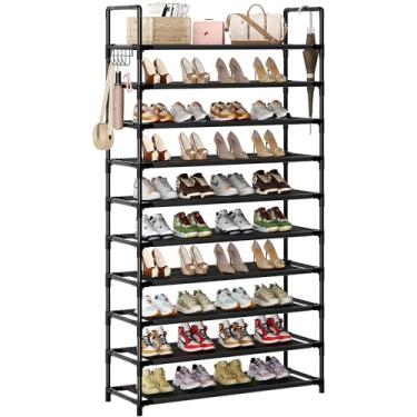Imagem de Sapateira, organizador de armazenamento de sapatos de 10 níveis com ganchos, serve para 40 a 45 pares de sapatos, prateleira de metal alta para armário, entrada, corredor, garagem, quarto, vestiário