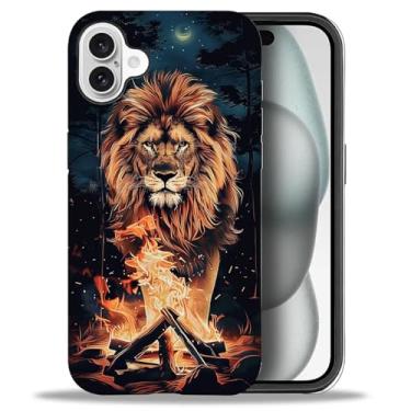 Imagem de FKBRCL4U Capa para iPhone 16, capa protetora de silicone híbrida de 2 camadas para meninas e mulheres, juba de leão, chama a chama, estampa noturna para iPhone 16