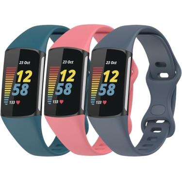 Imagem de QIEMUTER Pacote com 3 pulseiras de relógio compatíveis com Fitbit Charge 5 / Charge 6, femininas e masculinas, ajustáveis, esportivas, macias, de silicone para Charge 5/Charge 6