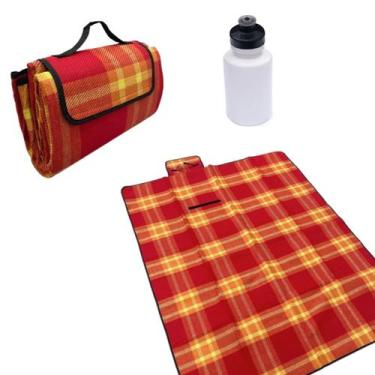 Imagem de Toalha Xadrez Impermeável Piquenique + Garrafa Squeeze 300ml - Têxtil 