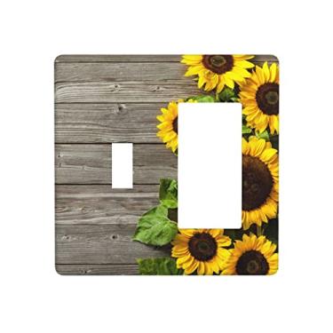 Imagem de Placa de parede com combinação de girassol Farmhouse 1 interruptor 1 interruptor basculante tampa de tomada 2 entradas de madeira rústica padrão decorativo capa de interruptor de luz, 4,5 x 4,5 polegadas