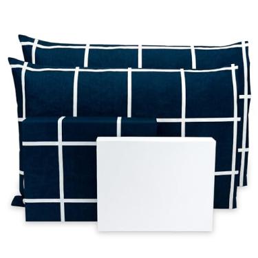 Imagem de Jogo de Lençol Queen 6 pçs Percal Flex Estampado 400 Fios Toque Acetinado - 40 CM DE ALTURA (GRID MARINHO BRANCO)