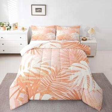 Imagem de Manfei Jogo de cama solteiro com estampa de folhas de palmeira e folhas brancas laranjas, 2 peças, edredom de plumas tropicais para todas as estações, decoração de quarto de meninas, enchimento de
