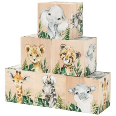 Imagem de FYSUIMU 6 peças de decoração de berçário de animais da selva aquarela, safári, blocos de madeira, decoração de prateleira de festa de desenho animado para jardim de infância, aniversário, chá de bebê