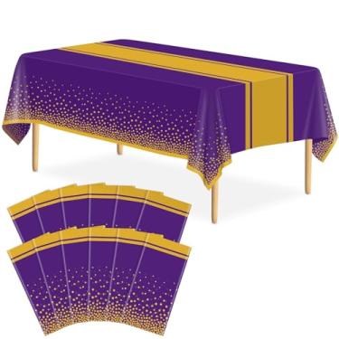 Imagem de LIKAJON Pacote com 12 toalhas de mesa roxas e douradas, decoração de festa, toalha de mesa de plástico roxa, estampada, dourada, 137 x 272 cm, capa de mesa retangular descartável para aniversário