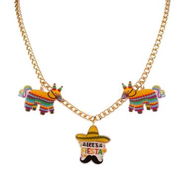 Imagem de INENIMARTJ Colar Cinco De Mayo para mulheres México Fiesta Colar Gargantilha Bonito Pimenta Sombrero Pinatas Cacto Margarita Berloques Cinco De Mayo Joias para Mulheres Acessórios Fiesta, Large, Latão