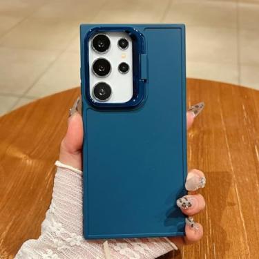 Imagem de MVVKKY Para Galaxy A15 5G dobrável lente suporte caso cor sólida capa fosca com completo (para Galaxy A15 5G/azul escuro)