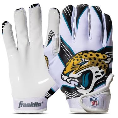 Imagem de Franklin Sports Luvas de receptor de futebol americano americano da NFL Jacksonville Jaguars - Luvas receptoras para crianças - Logotipos da equipe NFL e palma de silicone - Par P/PP juvenil