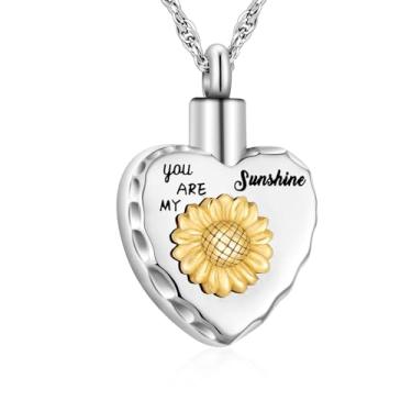 Imagem de abooxiu Colar de urna de girassol para cinzas coração memorial joia de cremação para cinzas colar de cinzas de aço inoxidável pingente de urna de lembrança - you are my sunshine, Aço inoxidável, aço
