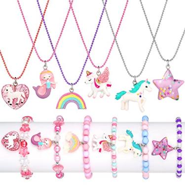 Imagem de Conjunto de 12 peças de colares e pulseiras para meninas, colar de coração de estrela de unicórnio, joia arco-íris para meninas, charmoso, pulseiras infantis, pulseiras para brincar de faz de conta e lembrancinhas de festa, Resina, Sem pedras preciosas