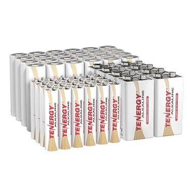Imagem de Tenergy Pacote com 56 pilhas alcalinas, 24 pacotes AA, 24 pacotes AAA e 8 baterias de tamanho 9V para eletrônicos domésticos