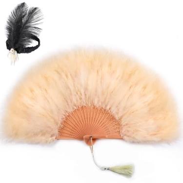 Imagem de SOGUGOM Leque de penas de champanhe com faixa de cabeça - acessórios burlescos, ventilador de pena de marabou burlesco, Abanicos De Mano para Fiesta para acessórios de roupas e decorações de casamento (champanhe)