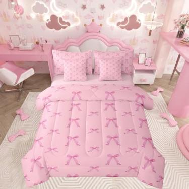 Imagem de Feelyou Conjunto de edredom infantil com laço rosa, 7 peças, decoração de quarto de meninas, estilo princesa sonhadora em uma bolsa, conjunto de cama kawaii com gravata borboleta