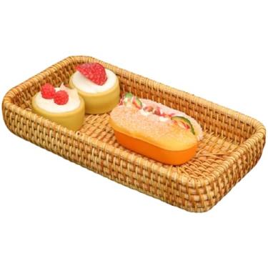 Imagem de Bandeja de servir de vime, bandeja de tecido retangular, cesta de vime natural, bandeja de vime decorativa de bancada para depósitos de frutas, legumes, bebidas, lanches, café da manhã (P)