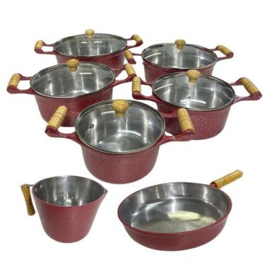 Imagem de Jogo De 5 Panelas Alumínio Fundido Batido Craquelado Com Tampa De Vidr