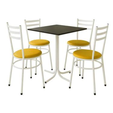 Imagem de Mesa de Jantar Quadrada 70cm Preta Com 4 Cadeiras Estofada Branca - La