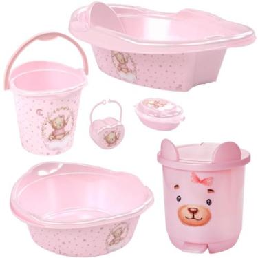 Imagem de Kit banheira de bebê decorada ludica plasutil 6 peças + bacia + lixeir