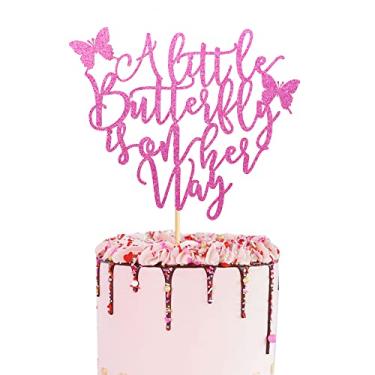 Imagem de Arthsdite Topo de bolo A Little Butterfly Is On Her Way - Anúncio de gravidez, revelação de gênero, chá de bebê, boas-vindas ao recém-nascido, decorações de festa com tema de borboleta - Glitter rosa