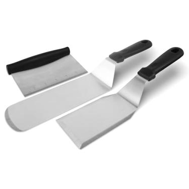 Imagem de Panumly Conjunto de 3 espátulas de metal, acessórios de chapa de aço inoxidável - Espátula de hambúrguer para churrasqueira, espátula longa de panqueca Teppanyaki, raspador de grelha para churrasco de
