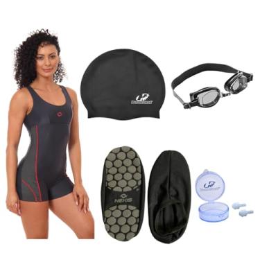 Imagem de Kit Maiô Macaquinho Natação Óculos + Touca Silecone+ Protetor de Ouvido E Sapatilha (Óculos - Preto/Sapatilha Preto - M, M)