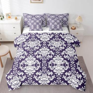 Imagem de jejeloiu Conjunto de edredom com estampa damasco king size, 7 peças, flor floral vintage, roxo escuro, para adultos, adolescentes, esqueleto de osso gótico, antigo, vitoriano, barroco, para decoração