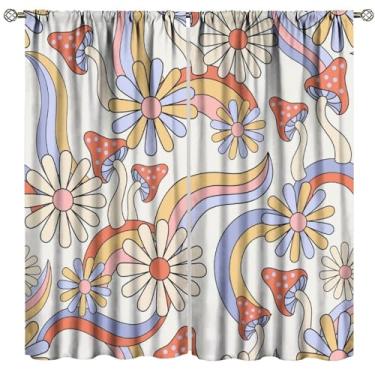 Imagem de Cortinas de cogumelo floral hippie dos anos 70, retrô, colorido, arco-íris, flores, blackout para quarto, sala de estar, cozinha, café, decoração (L53 x C 114 cm) x 2 decoração