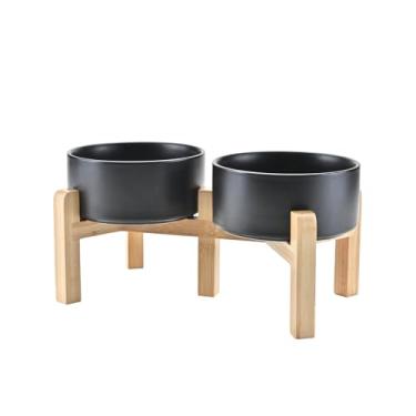 Imagem de SPUNKYJUNKY Tigelas elevadas de cerâmica para cães e gatos, 15 cm, com suporte de bambu antiderrapante para raças médias seguras para micro-ondas e lava-louças, 813 g, preta