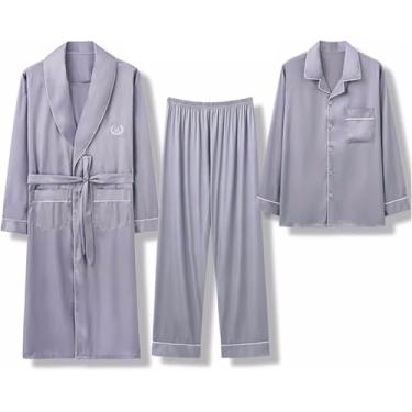 Imagem de Conjunto De Pijamas De Cetim Masculino Ubyer 3 Peças Silk Button-down Pjs Sets Soft Lounge Sets Classic Silk Sleepwear, Light Gray, XXL