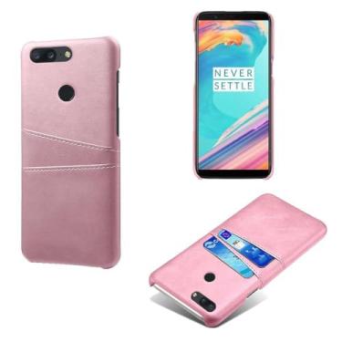 Imagem de Capas Compatível com Oneplus 5T,Caso de couro PU-Tampa de telefone a prova de choque com 2 slots de cartão,Proteção anti-impressão digital e anti-gota-Pink