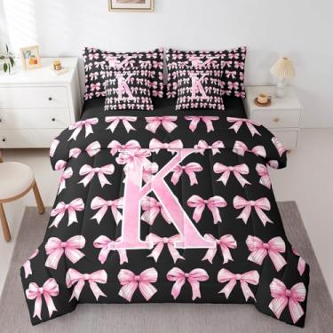 Imagem de Conjunto de edredom rosa e preto com laço de coquete de solteiro, 7 peças, para meninas, crianças, adolescentes, fantasia, estética, com laço de letra K, presentes para ela/mãe/filha (K)