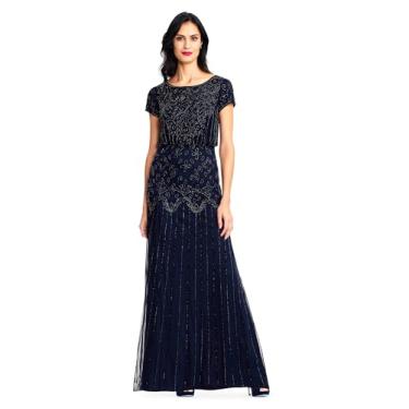 Imagem de Adrianna Papell Vestido feminino de manga curta com contas, Azul marino, 34