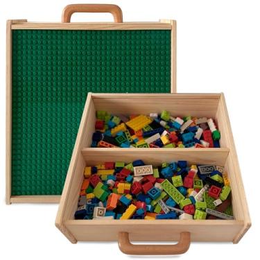 Imagem de Toblock Caixa de madeira para blocos de montar Lego – Organizador DIY com tampa deslizante, placa de base e alça – Estojo de armazenamento para montar
