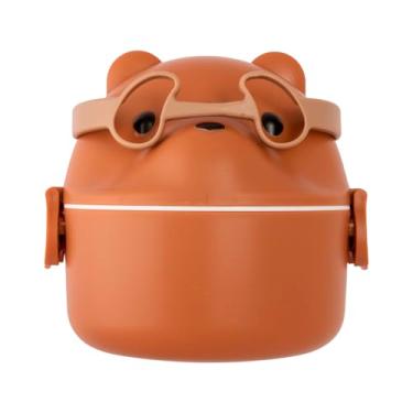 Imagem de Kit Marmita Lancheira Hermética Térmica Infantil Escolar Trava Com Colher Garfo E Alça Ursinho Óculos Divisórias Compartimentos Recipiente Pote Alimentos Fechamento Antivazamento Microondas (MARROM)