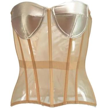 Imagem de Mulheres Espartilho Bustiers Com Sutiã Transparente Malha Cintura Cintura Shaper Colete Strapless Push Up Corpetes, Gold, 3XL