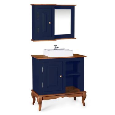 Imagem de Gabinete para Banheiro com Cuba e Armário Espelheira Dália 3051 - Azul Petróleo/Imbuia Glazer