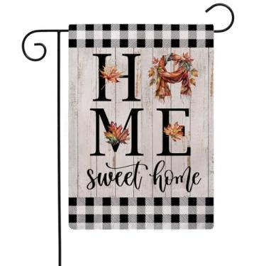 Imagem de Cachecol Home Sweet Home Garden Flag Maple Leaves com borda xadrez de búfalo dupla face casa de fazenda outono decorativas pequenas bandeiras de serapilheira 31 x 45 cm para decoração de gramado de