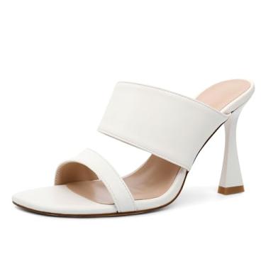 Imagem de Esvowido Sandálias femininas de salto quadrado, bico aberto, faixa dupla, sem cadarço, salto alto de 9 cm, para festas, casamentos, escritórios, encontros, noivas, verão, sandálias modernas, Branco