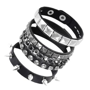 Imagem de hoyuwak 3 peças de pulseira de couro gótico punk elegante para homens e mulheres – Pulseira ajustável com rebite pontiagudo para punk rock, emo, gótico, roupas de rock dos anos 80 – Perfeito para