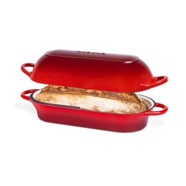 Imagem de Panela de pão de ferro fundido esmaltado – forno holandês para assar pão de fermento – panela antiaderente segura para forno – retangular, vermelha, 34 cm x 16 cm – por Nuovva