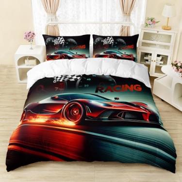 Imagem de AILONEN Jogo de cama casal de carros de corrida, preto e branco, para crianças e adultos, capa de edredom para decoração de quarto, 3 peças, 1 capa Qulit e 2 fronhas, macio