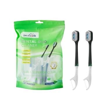 Imagem de dr.@home Dental Duo Conjunto descartável de cuidados bucais para viagem, escova de dentes pré-colada com fio dental, palheta e raspador de língua | Escova de dentes descartável embrulhada
