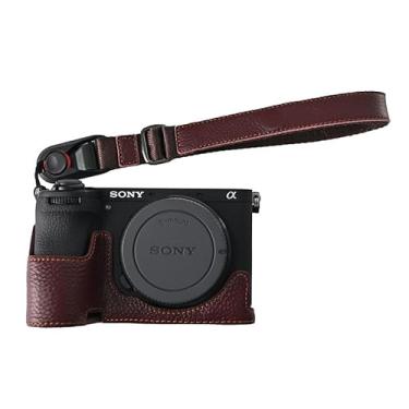 Imagem de BMAOLLONGB Capa A6700, capa feita à mão de couro legítimo lichia para meia câmera para Sony Alpha A6700 versão com abertura inferior + alça de mão, Café, Capa