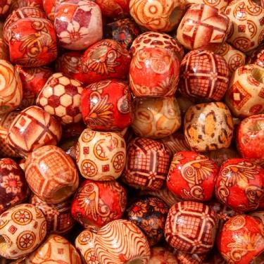 Imagem de BERMRO 200 contas grandes pintadas de madeira 16 * 17 mm contas de madeira pintadas barril madeira espaçador contas para fazer você mesmo pulseira colar joias artesanato cabelo (amarelo e brwon)
