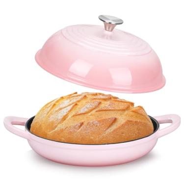 Imagem de TeamFar Forno holandês de pão de ferro fundido, panela de forno holandês esmaltada de 6 litros para assar pão de fermento, com tampa alta e base redonda, auto-regador e aquecimento uniforme